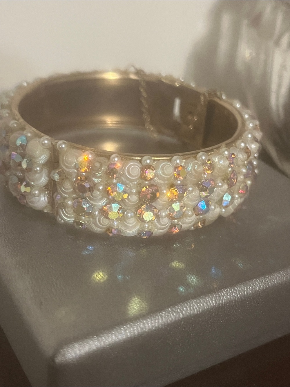 Vintage Pearl & Aurora Crystal Bangle Bracelet
